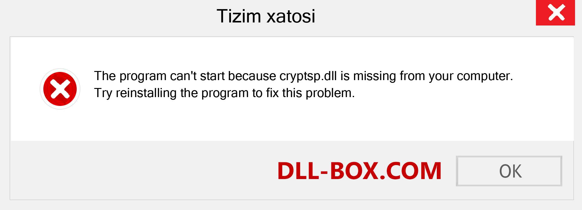 cryptsp.dll fayli yo'qolganmi?. Windows 7, 8, 10 uchun yuklab olish - Windowsda cryptsp dll etishmayotgan xatoni tuzating, rasmlar, rasmlar